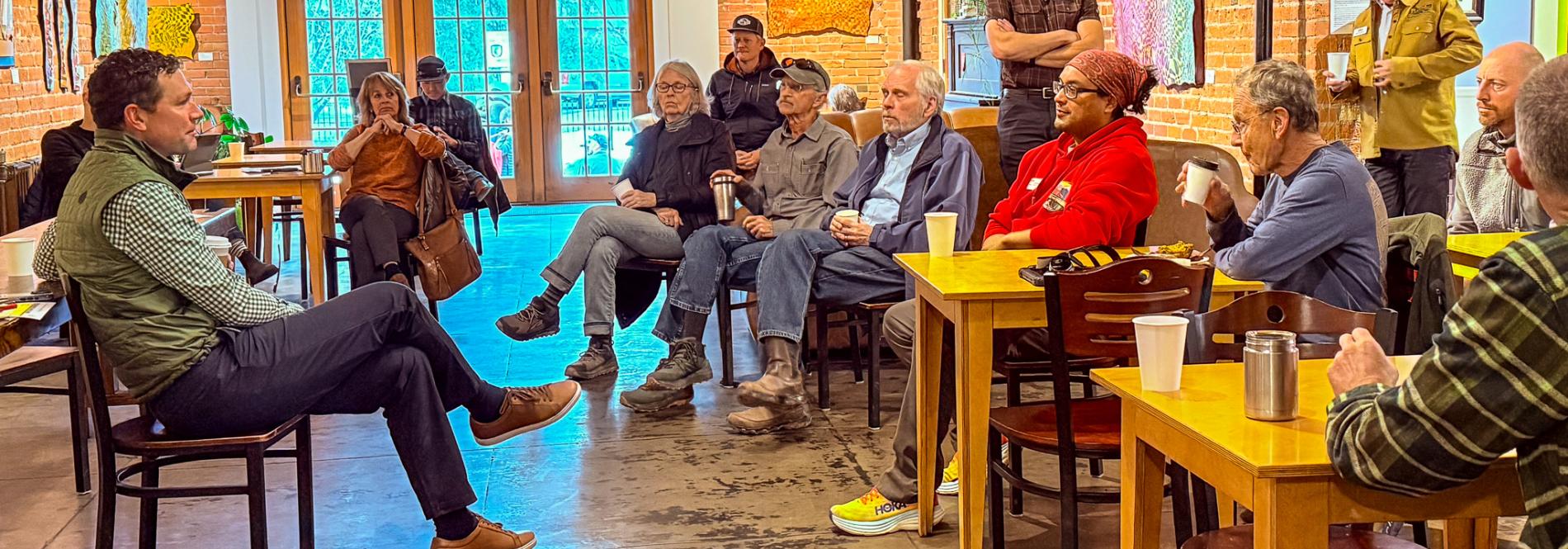 People talk in a coffee shop